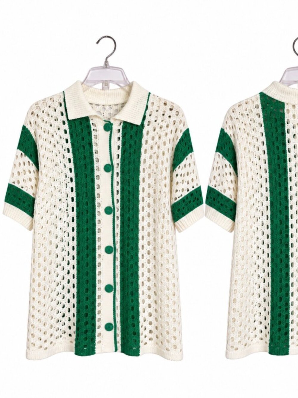 XL Green Cream Crochet Open Knit Button Front Polo Cardigan
